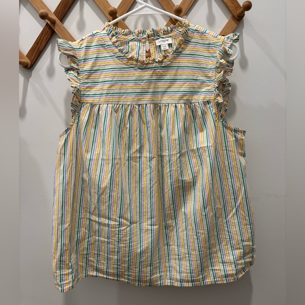 J. Crew sleeveless top with colorful stripes and ruffles size 12